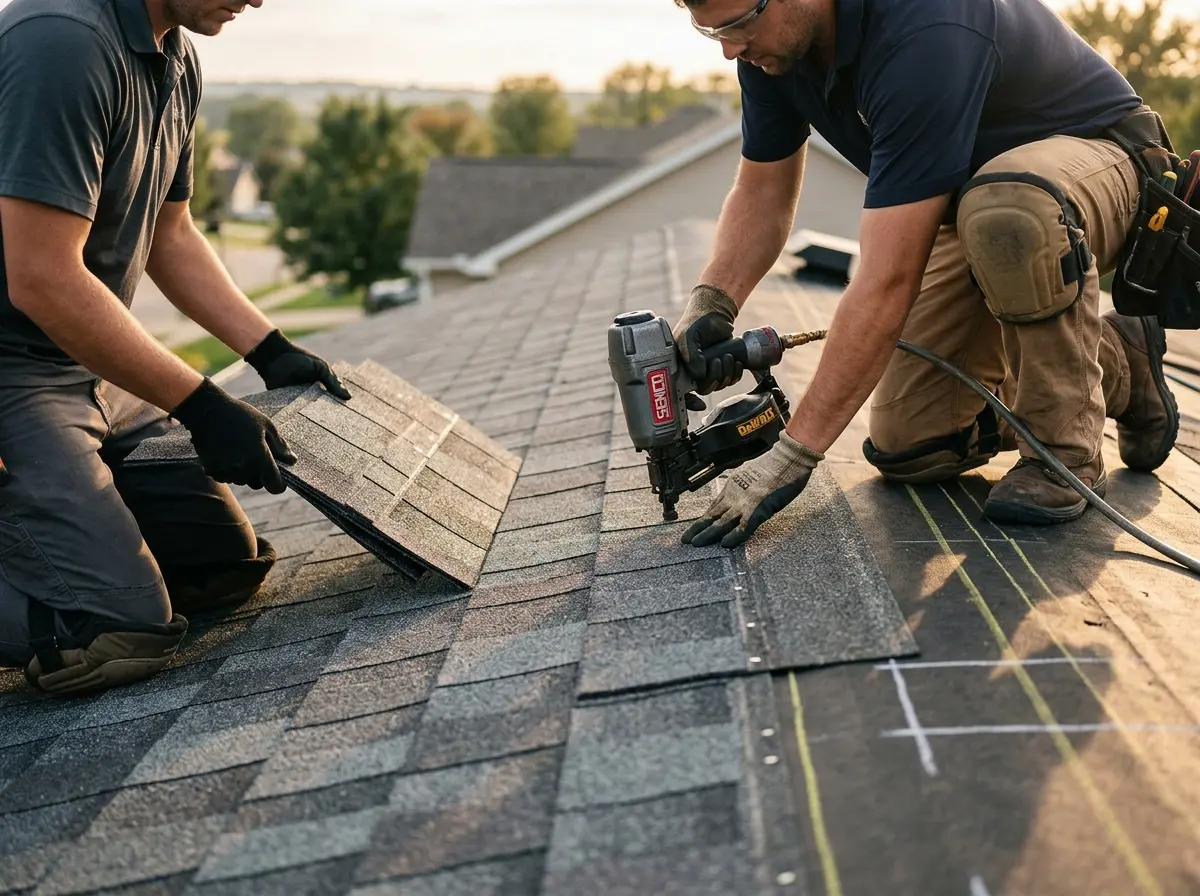 Professional roofer working on a residential roof in Hornsby Bend